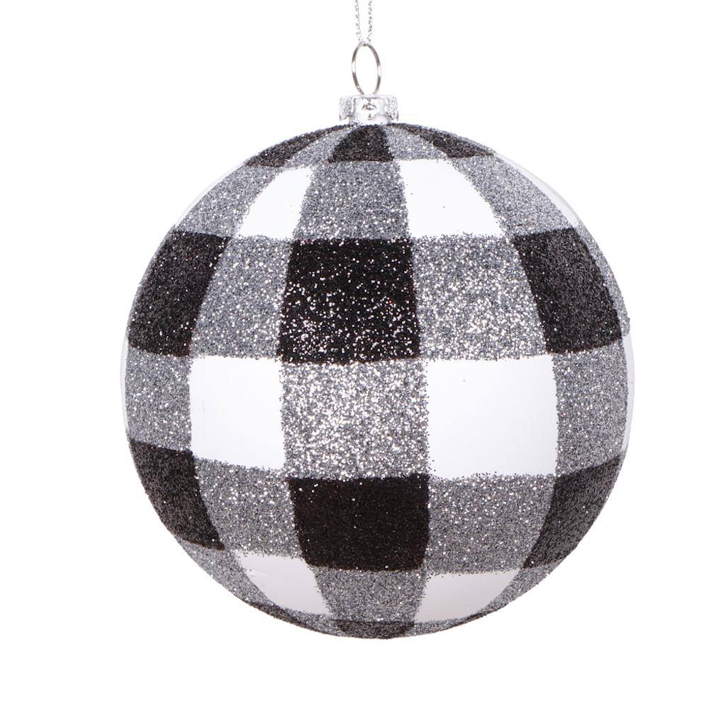 4" White / Black Plaid Glitter Ball Ornament (3 pack) 1