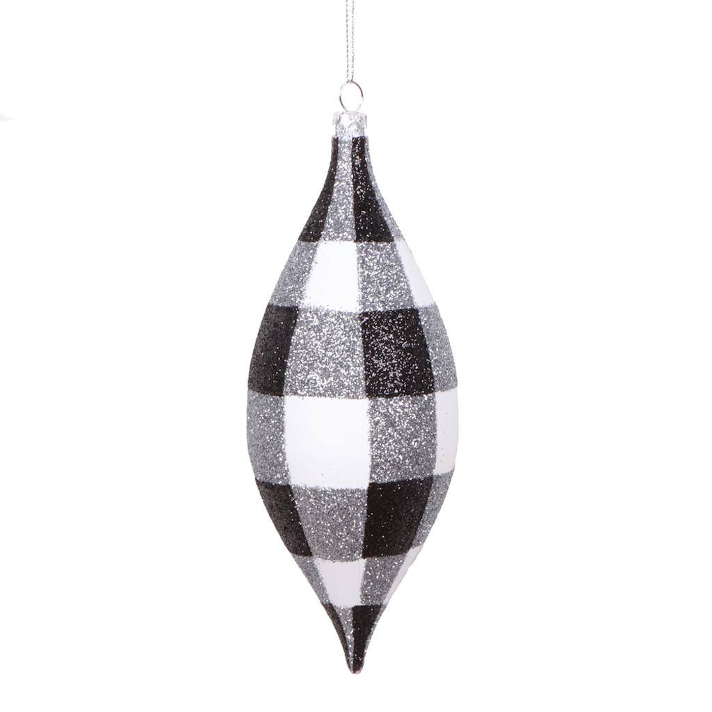 7" White Black Plaid Glitter Shuttle Drop Ornament (3 Pack) 1