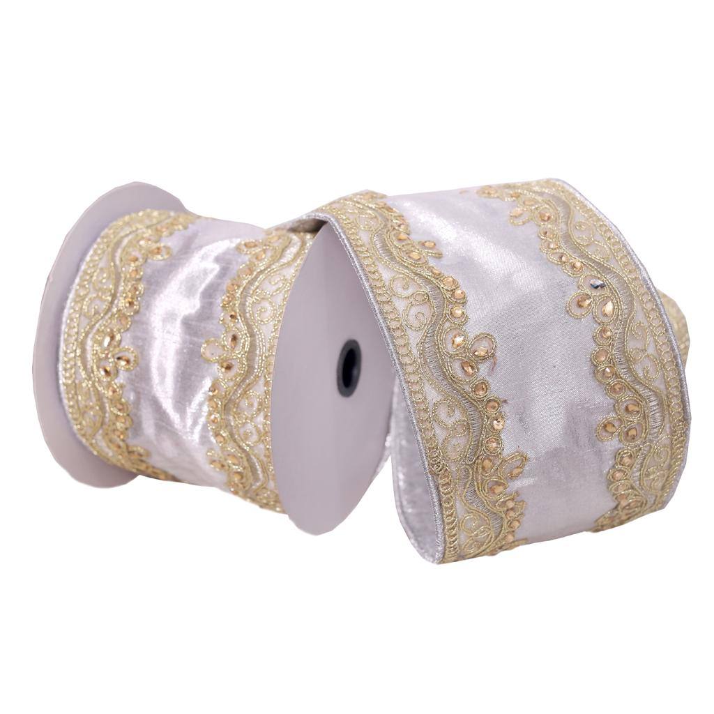 4"x15' Silver Gold Embroidery Ribbon 1