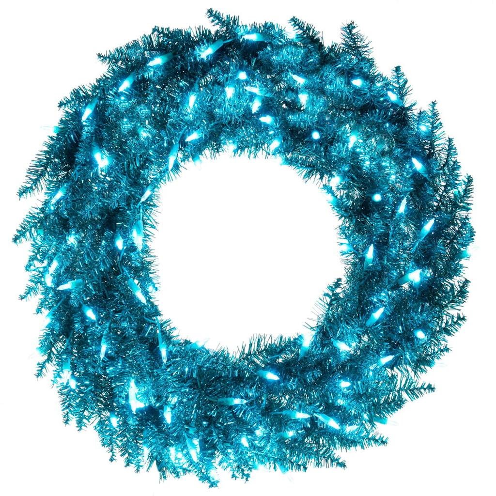 30" Aqua Tinsel Wreath 100 Aqua Lights 1