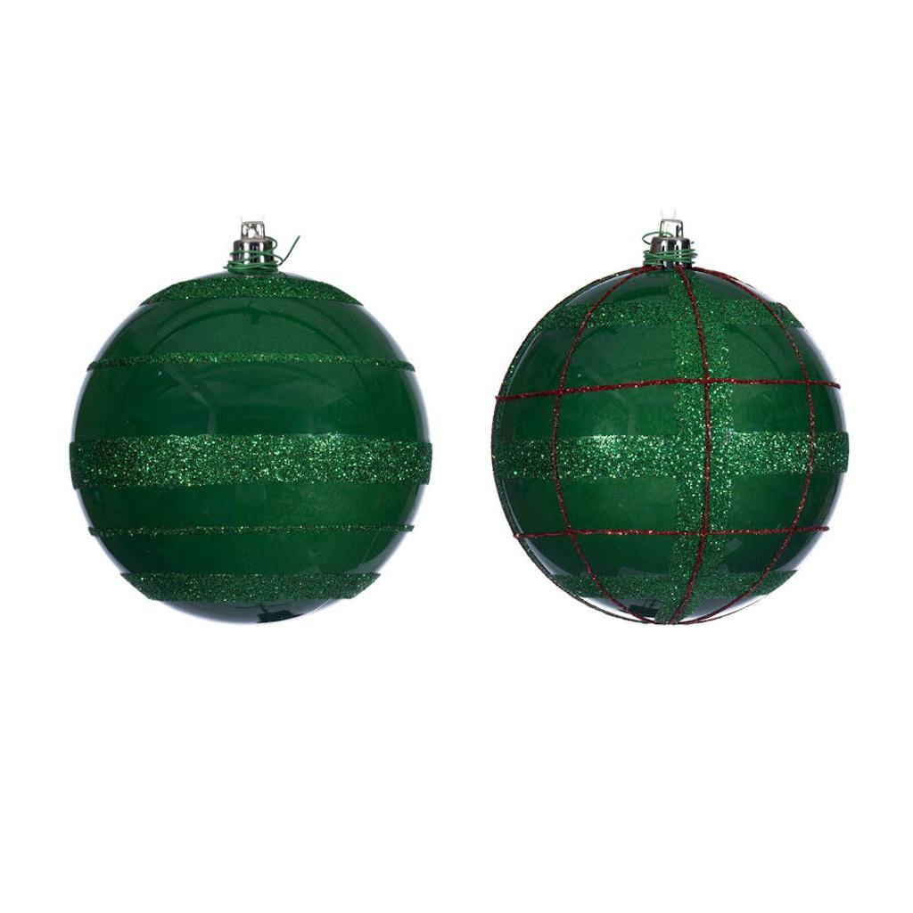 4" Green Green / Red Stripe Glitter Ball Ornament (6 Pack) 1