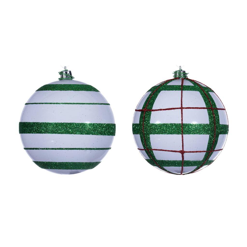 4" White Green / Red Stripe Glitter Ball Ornament (6 Pack) 1