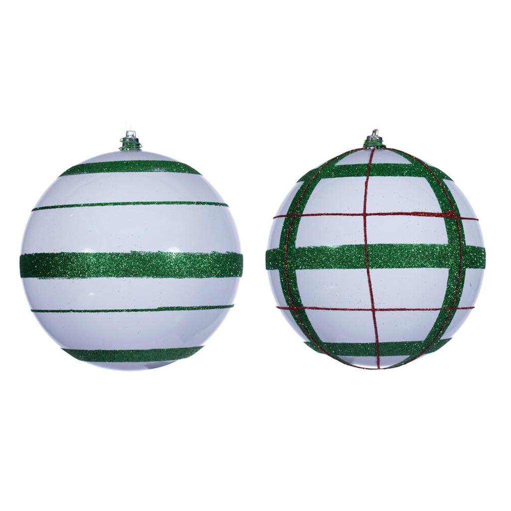 6" White Green / Red Stripe Glitter Ball Ornament (4 Pack) 1
