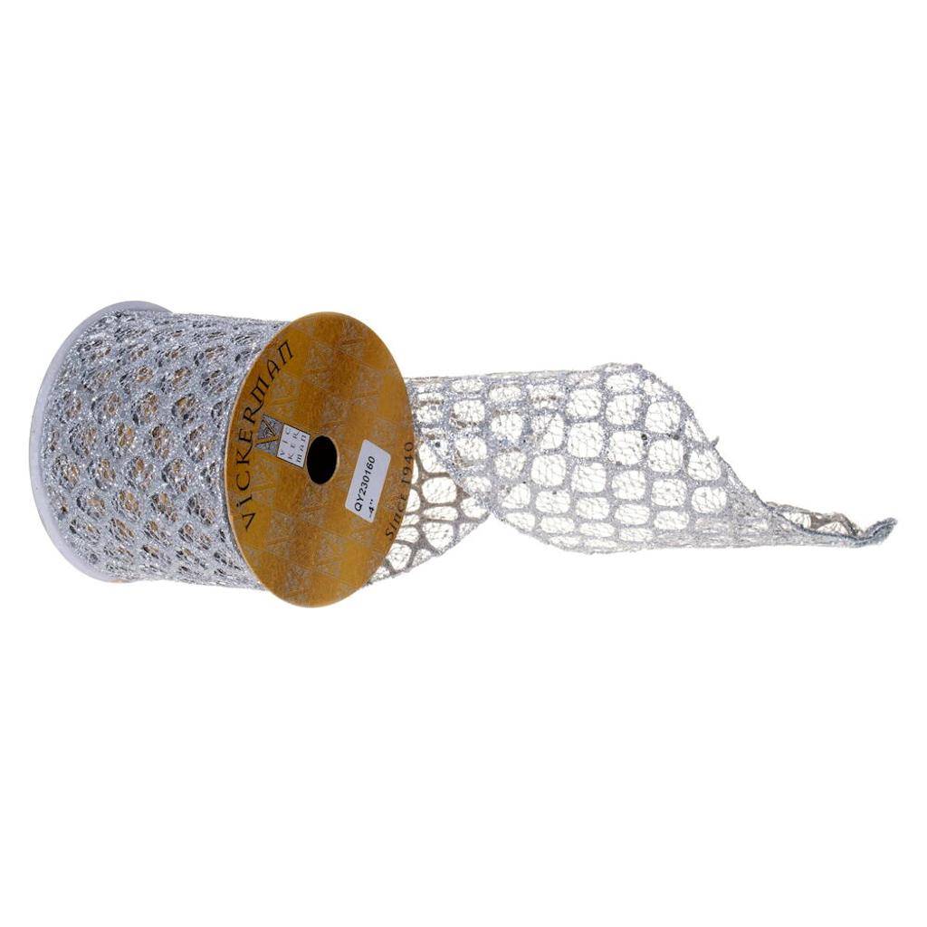 4"x30' Silver Glitter Sequin Net Ribbon 1