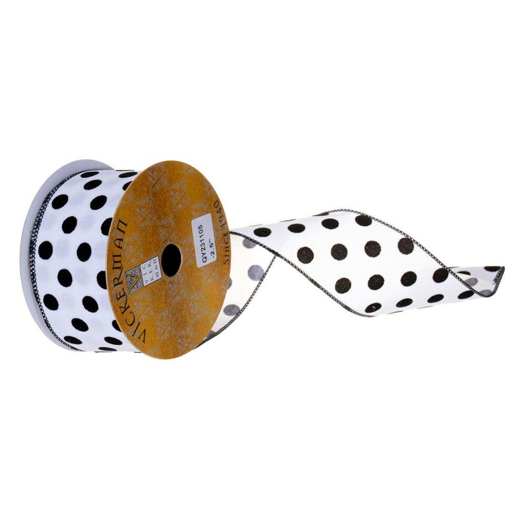 2.5" x 360" Black / White Velvet Dot Wired Ribbon 1