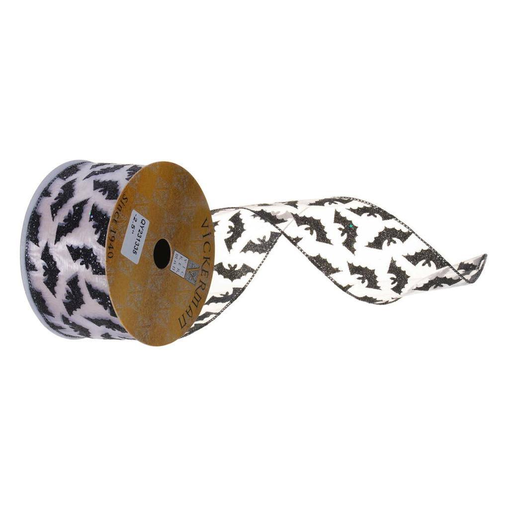 2.5" x 360" Black Mesh Glitter Bat Wired Ribbon 1