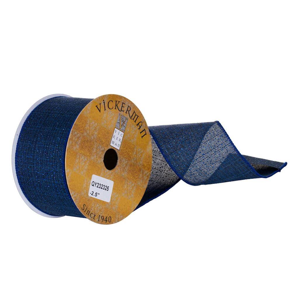 2.5" x 360" Midnight Blue Glitter Burlap Wired Ribbon 1