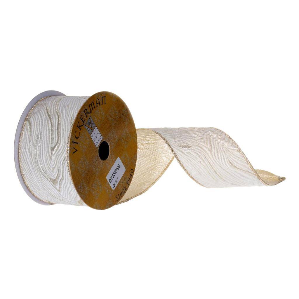 2.5" x 360" Ivory Abstract Grain Wired Ribbon 1