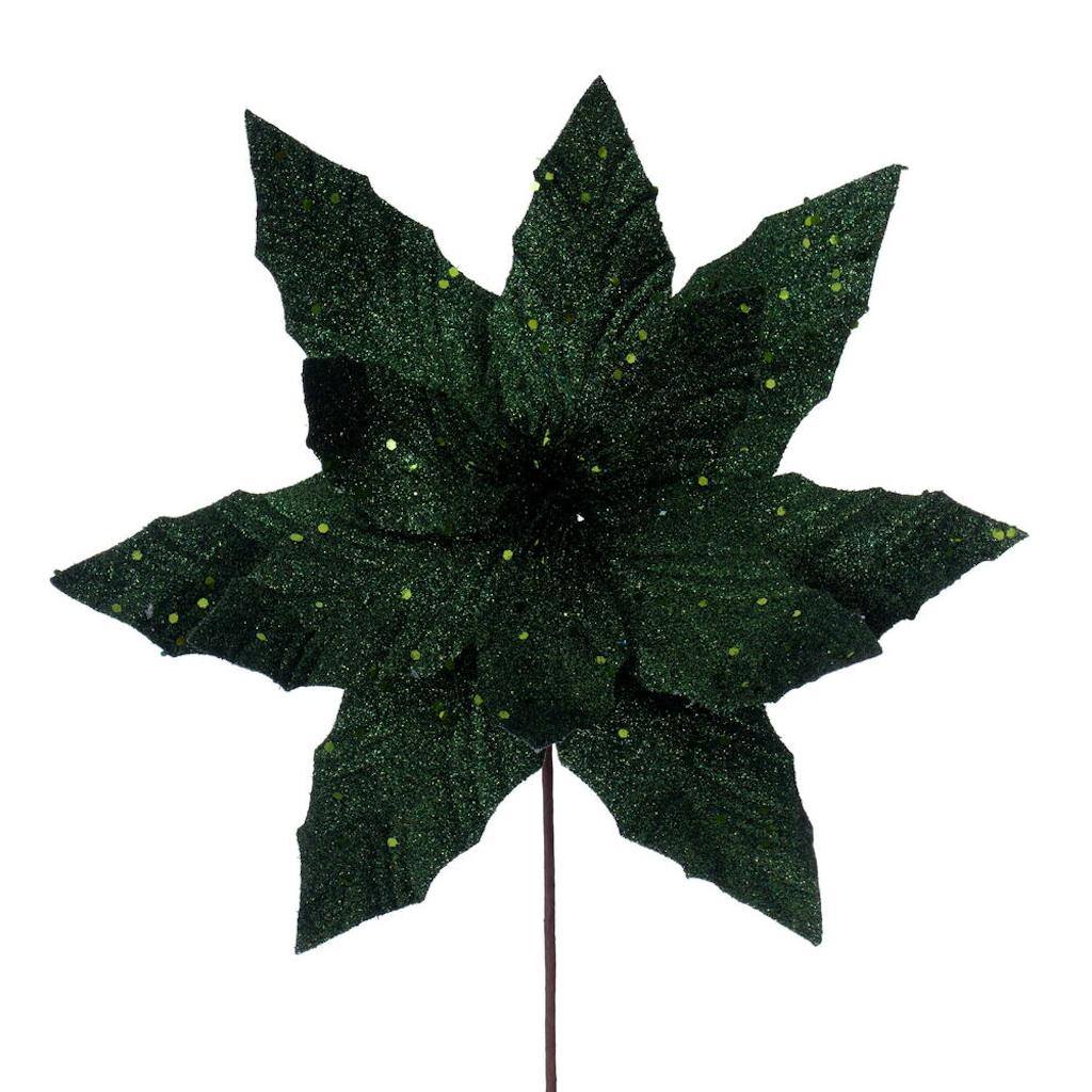 14" Artificial Midnight Green Glitter Poinsettia (6 Pack) 1