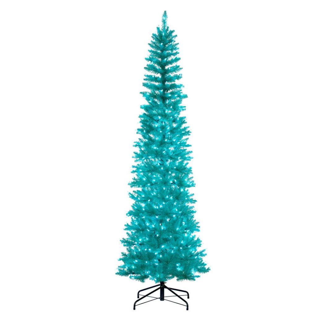 8.5' x 38" Aqua  Pencil DuraLit 600 Aqua Lights Artificial Christmas Tree 1