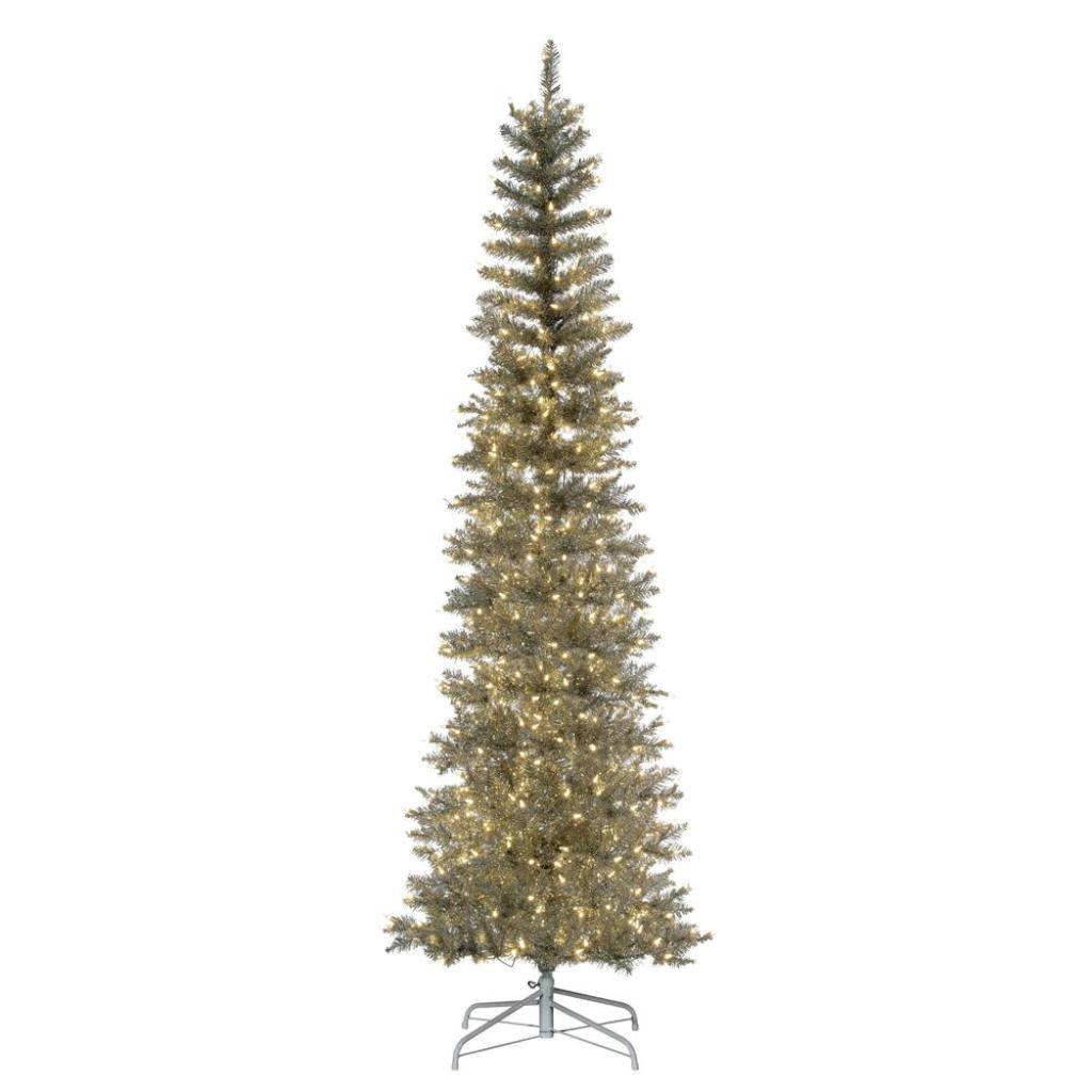 8.5' x 38" Silver Pencil DuraLit 600 Warm White Lights Artificial Christmas Tree 1
