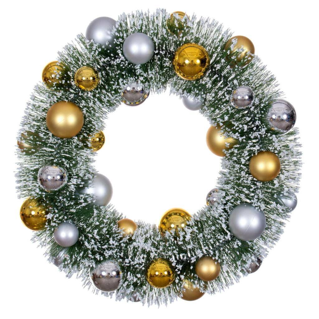 18" Frosted Green Unlit Silver/Gold Ball Ornaments Unlit Artificial Christmas Wreath 1