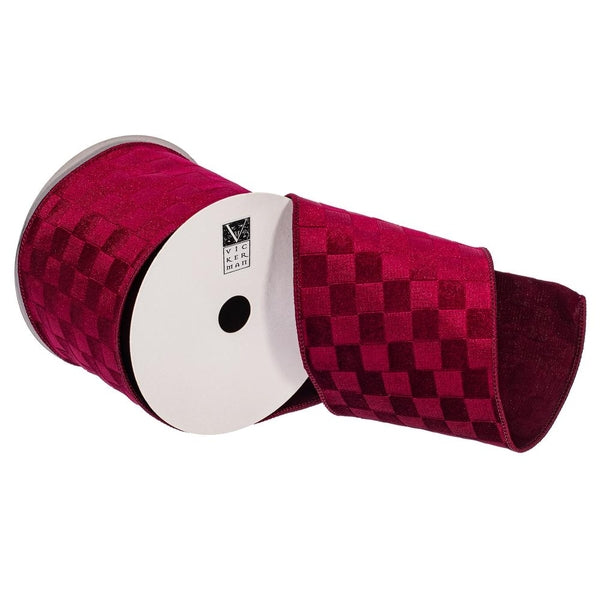 4" x 10Yd Burgundy Velvet Checkered Satin Back Christmas Ribbon 1