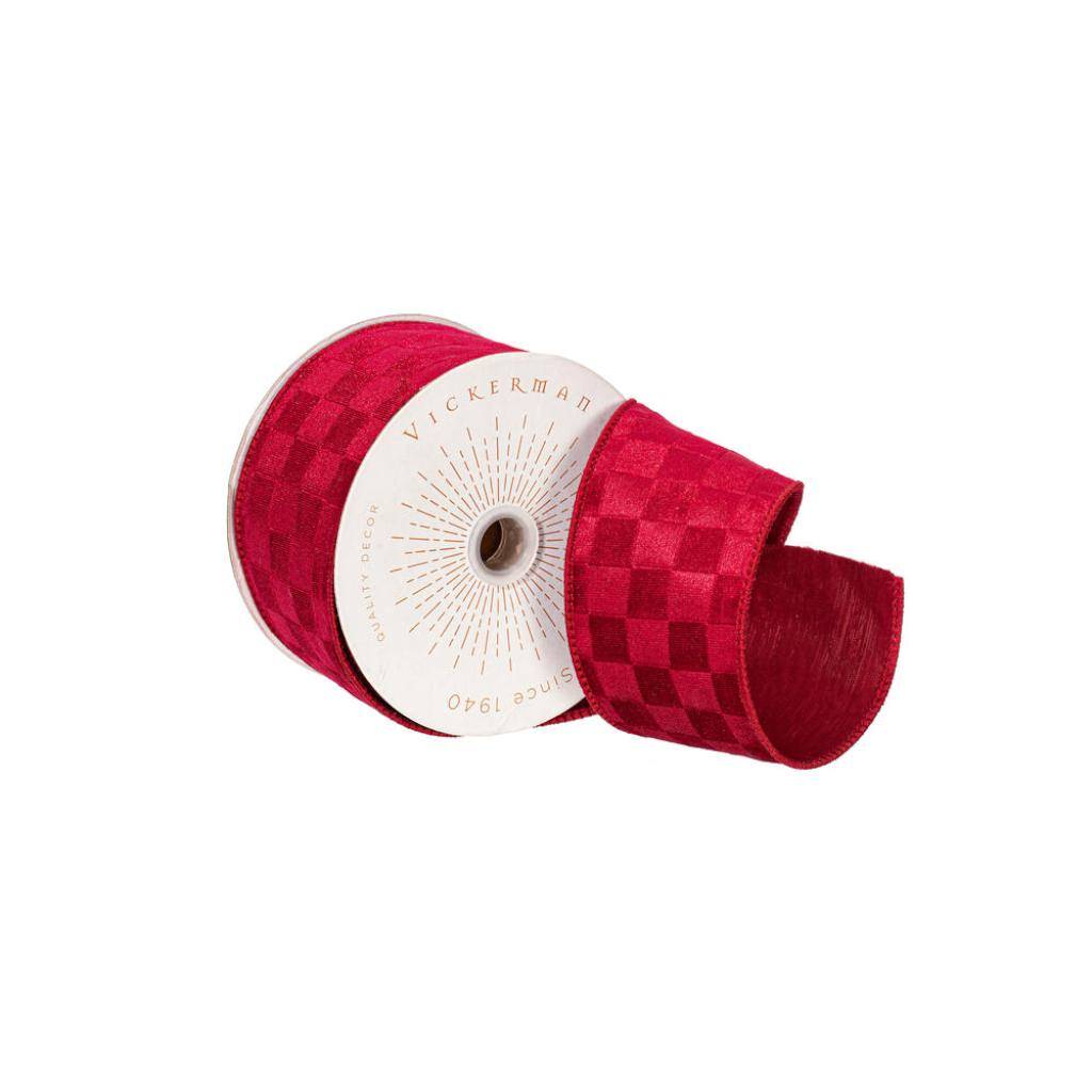 2.5" x 10Yd Red Velvet Checkered Christmas Ribbon 1
