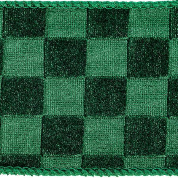4" x 10Yd Green Velvet Satin Checkered Christmas Ribbon 2