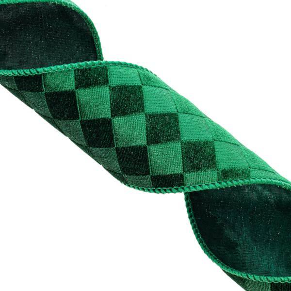 4" x 10Yd Green Velvet Satin Checkered Christmas Ribbon 3