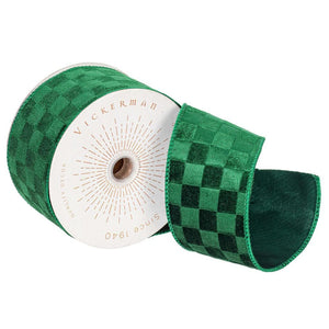 4" x 10Yd Green Velvet Satin Checkered Christmas Ribbon 1