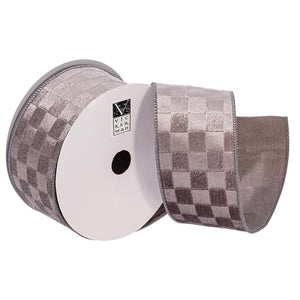 2.5" x 10Yd Silver Velvet Satin Checkered Christmas Ribbon 1