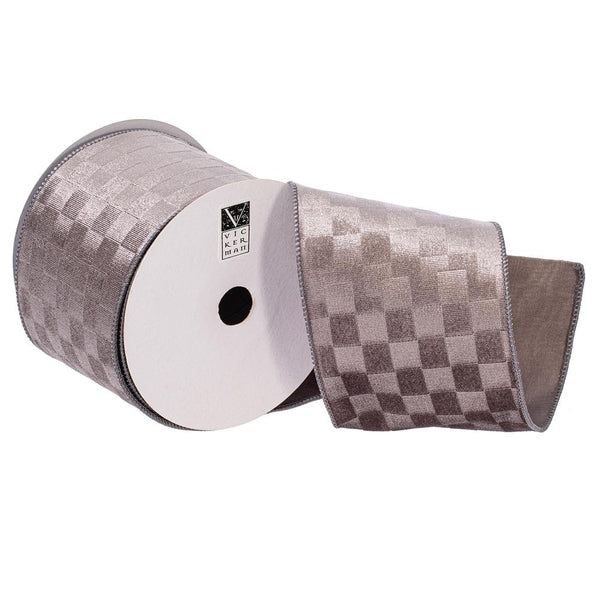 4" x 10Yd Silver Velvet Checkered Satin Back Christmas Ribbon 1