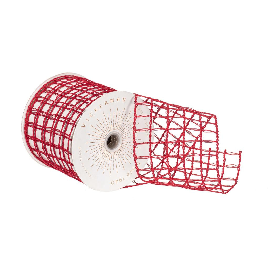 3.75" x 10Yd Red Thin Grid Wired Ribbon 1