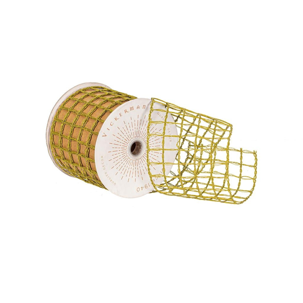 3.75" x 10Yd Moss Green Thin Grid Wired Ribbon 1