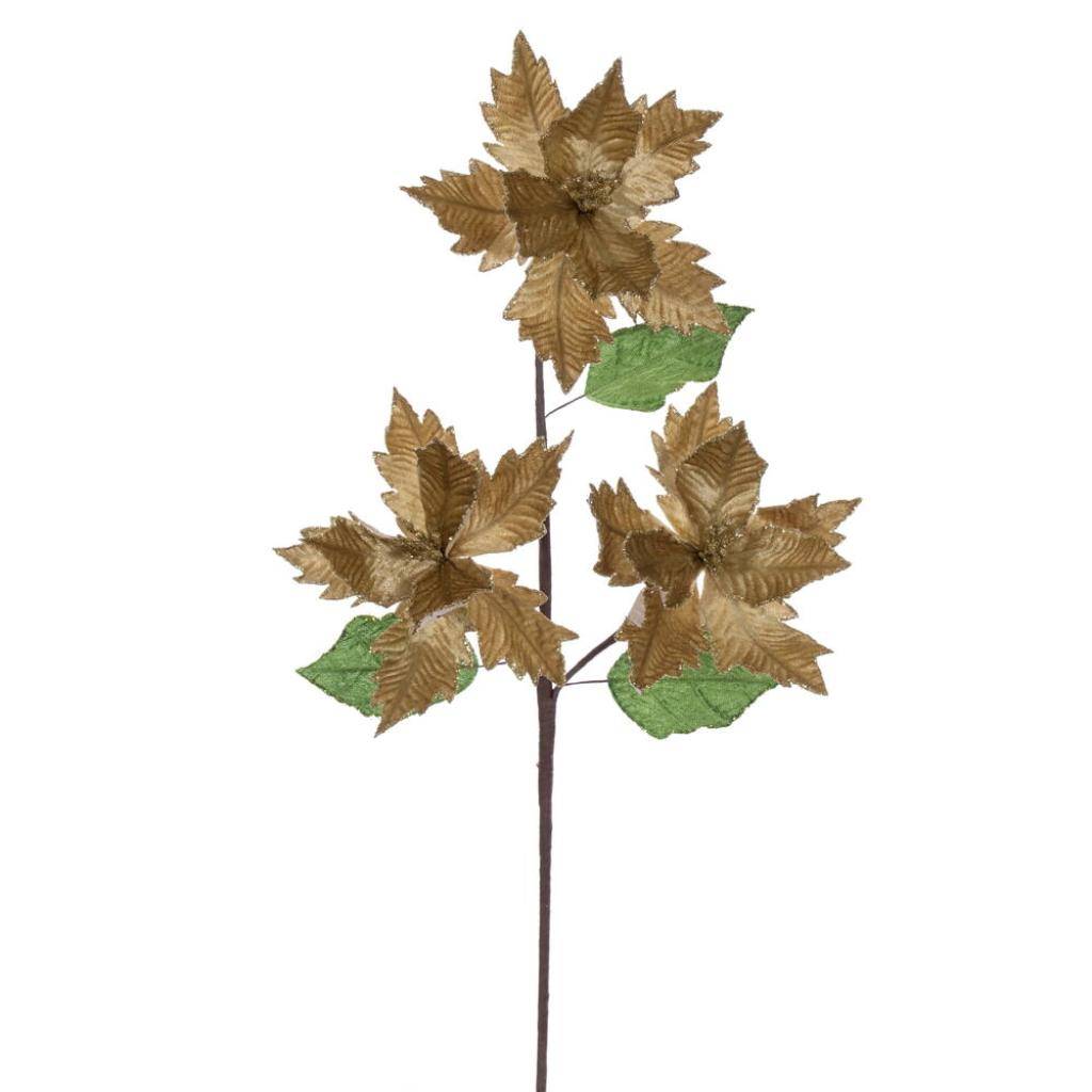 26" Gold Razor Velvet Poinsettia Trio Artificial Flower Stem (3 Pack) 1