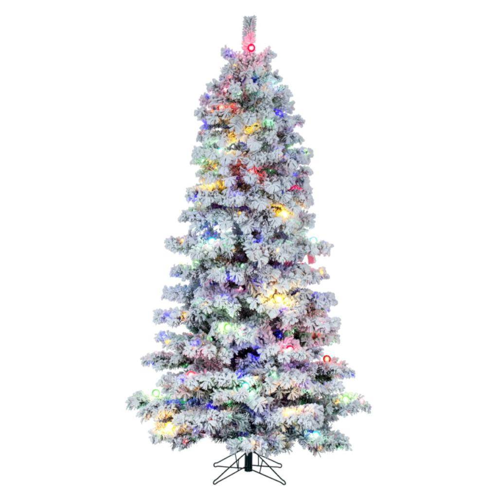 7.5' x 48" Flocked Slim Alaskan 642 Light Multi-Color Artificial Christmas Tree 1