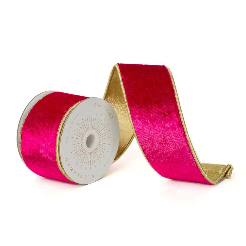 2.5" x 10Yd Hot Pink Shiny Velvet Gold Trim Christmas Ribbon 1