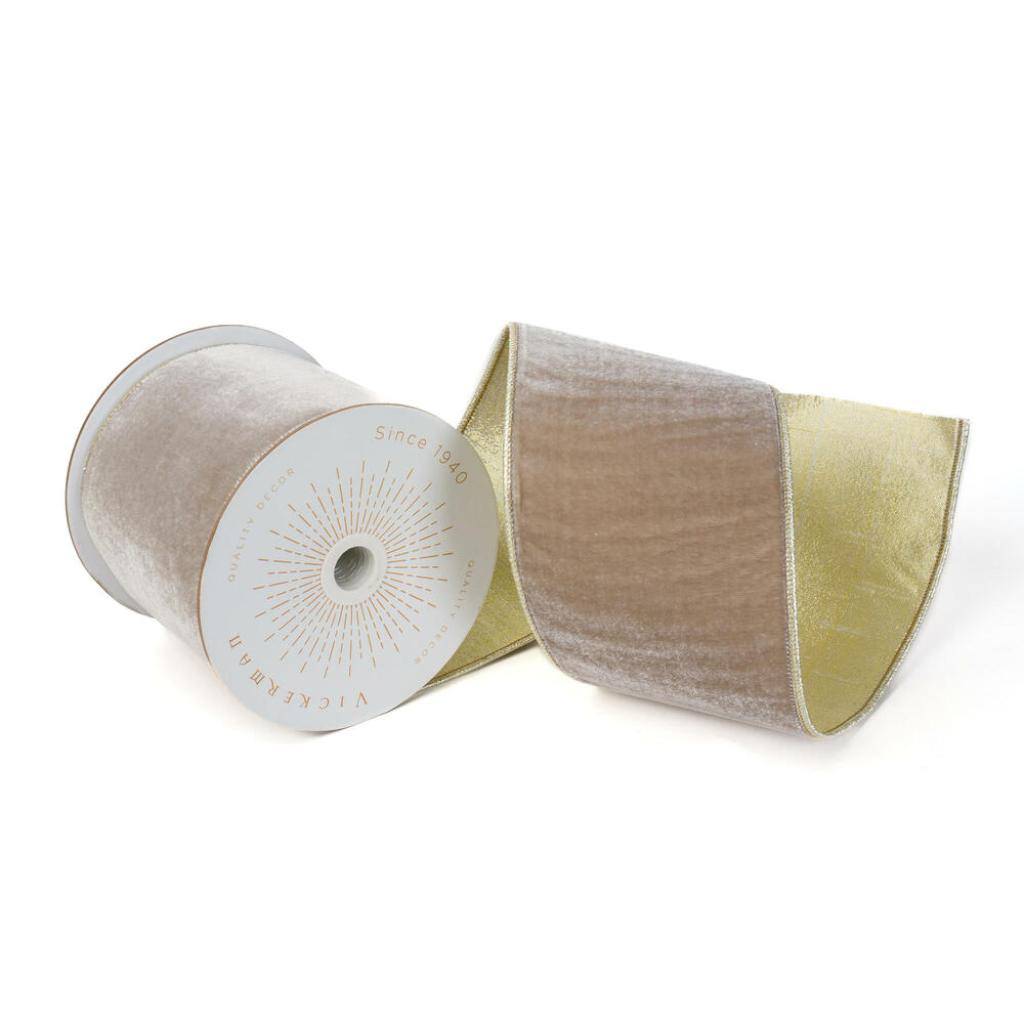 4" x 10Yd Champagne Velvet Gold Trim Christmas Ribbon 1