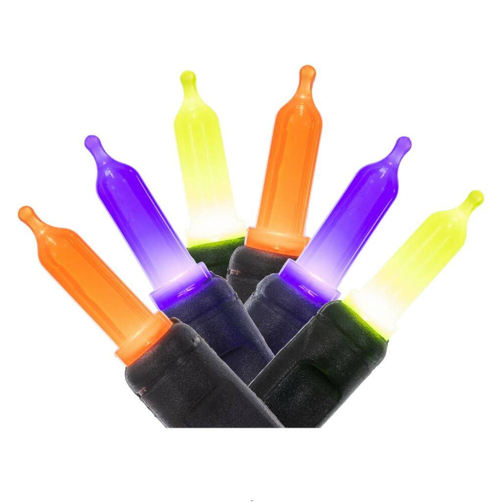 50 Light 16' T5 Black Wire Orange/Purple/Lime Christmas Light String Set 1