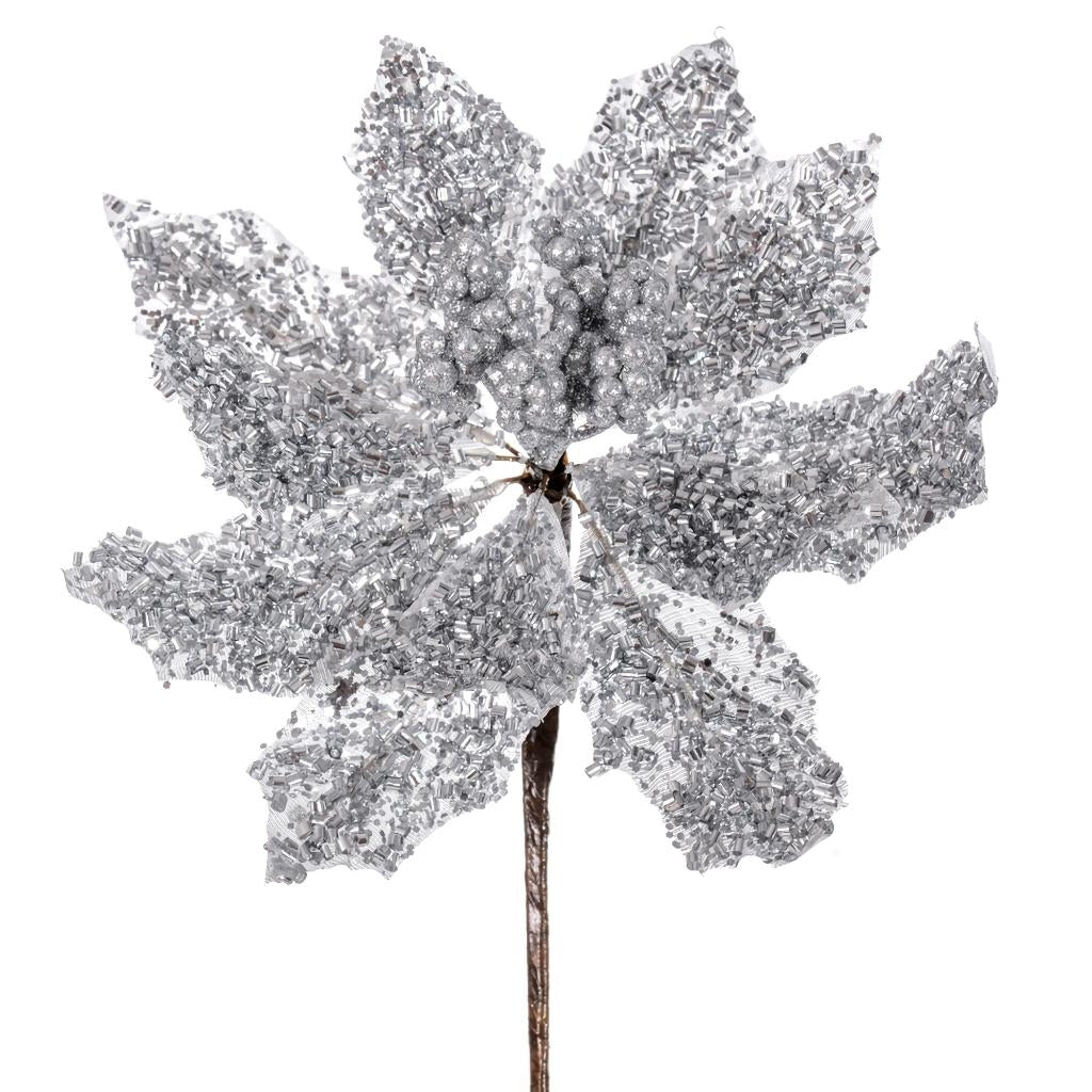 9" Silver Glitter Petal Poinsettia Spray (3 pack) 1
