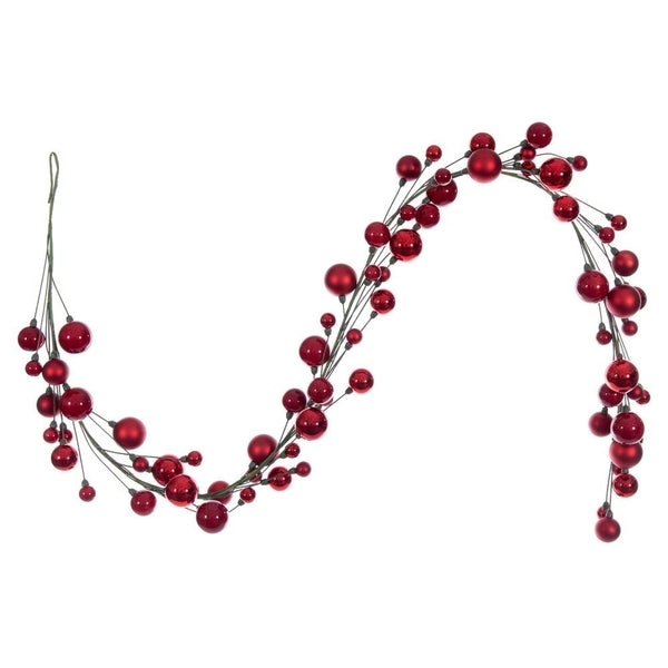 6' Red Matte Shiny Pearl Ball Branch Wire Garland 1
