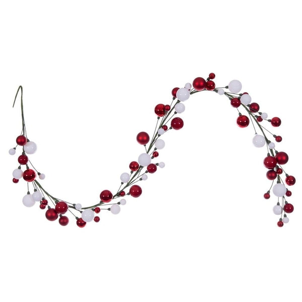 6' Red / White Matte Shiny Pearl Ball Branch Wire Garland 1