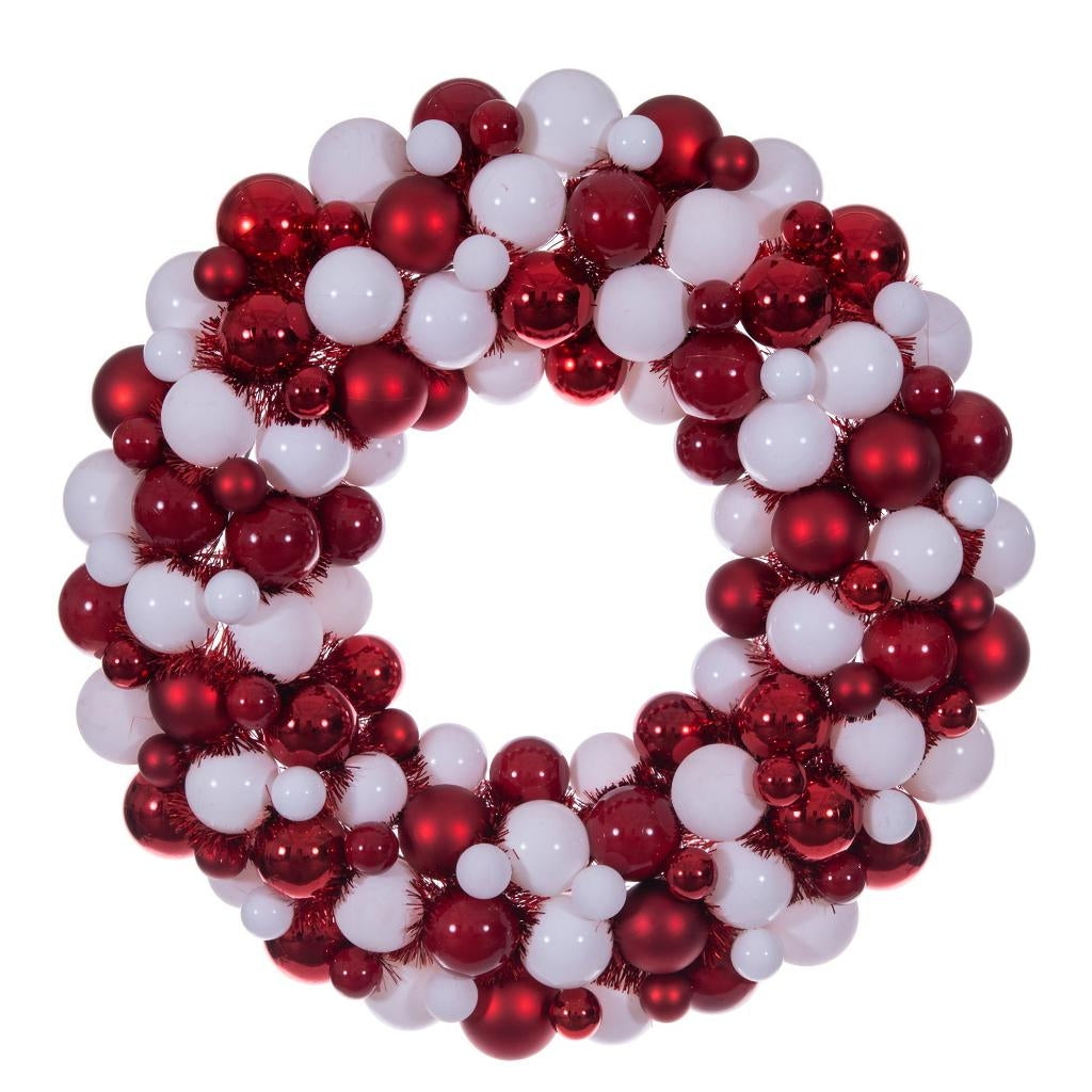 28"  Red/White Matte/Shiny/Pearl Ball Unlit Christmas Ornament Wreath 1