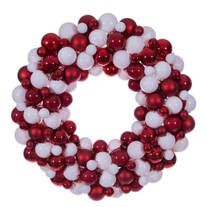 28"  Red/White Matte/Shiny/Pearl Ball Unlit Christmas Ornament Wreath 1