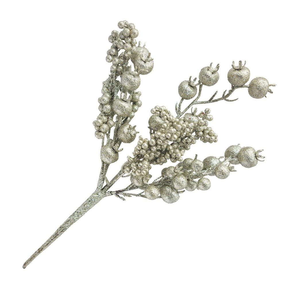 14" Champagne Glittery Berry Artificial Wired Stem Christmas Pick (3 Pack) 1