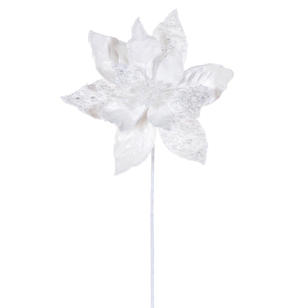 17" White Poinsettia Faux Leather Pearl Flower (2 Pack) 1