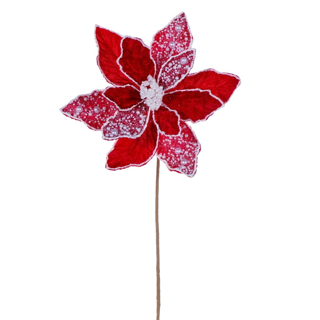 17" Red Poinsettia Velvet Pearl Flower (2 Pack) 1