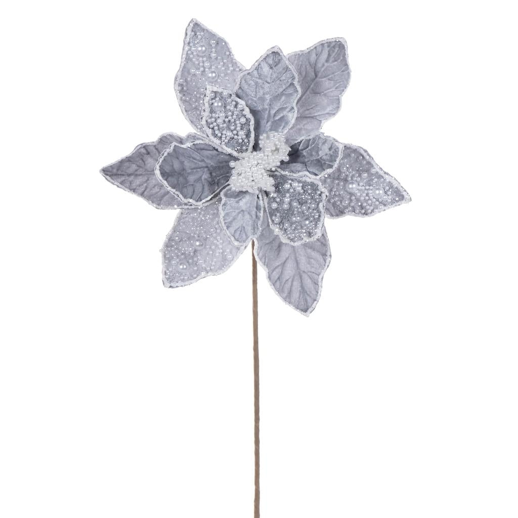 17" Silver Poinsettia Velvet Pearl Flower (2 Pack) 1