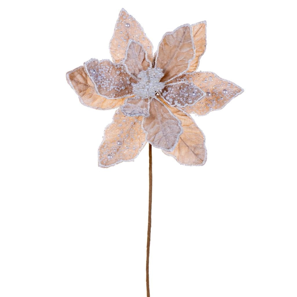 17" Champagne Poinsettia Velvet Pearl Flower (2 Pack) 1