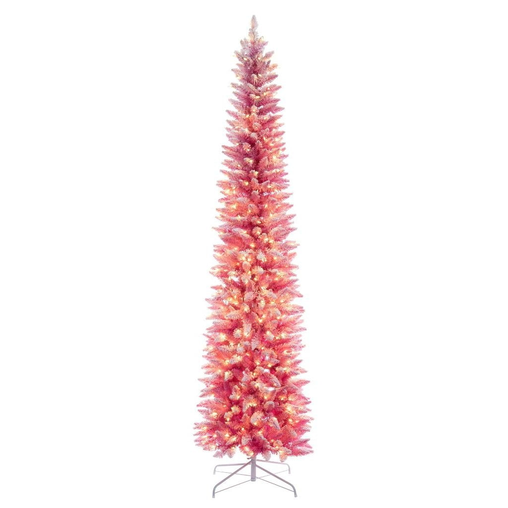 9' x 32" Flocked Pink Pencil Fir 400 LED Light Prelit Christmas Tree 1
