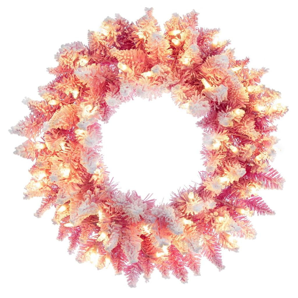 30" Flocked Pink Pencil Fir 100 LED Light Artificial Prelit Christmas Wreath 1