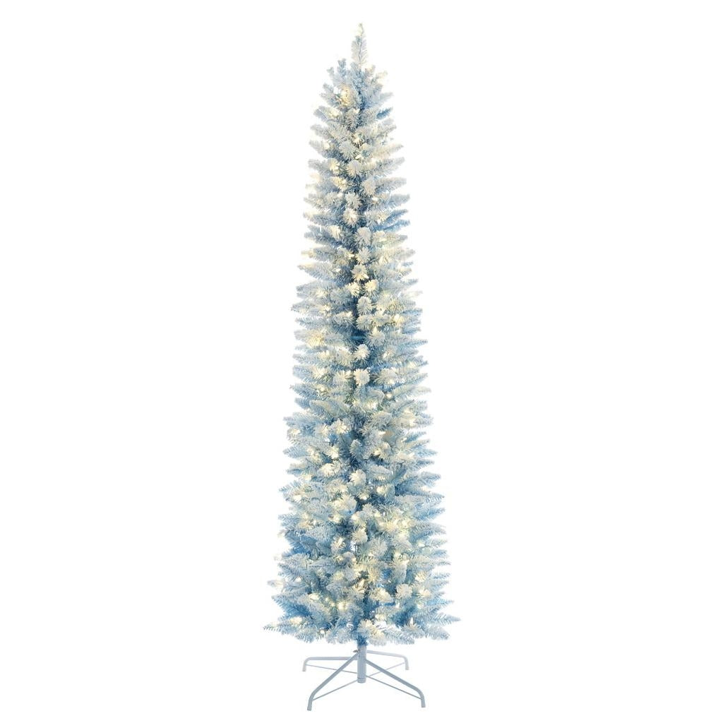 7.5' x 28" Flocked Baby Blue Pencil Fir 300 LED Light Prelit Christmas Tree 1