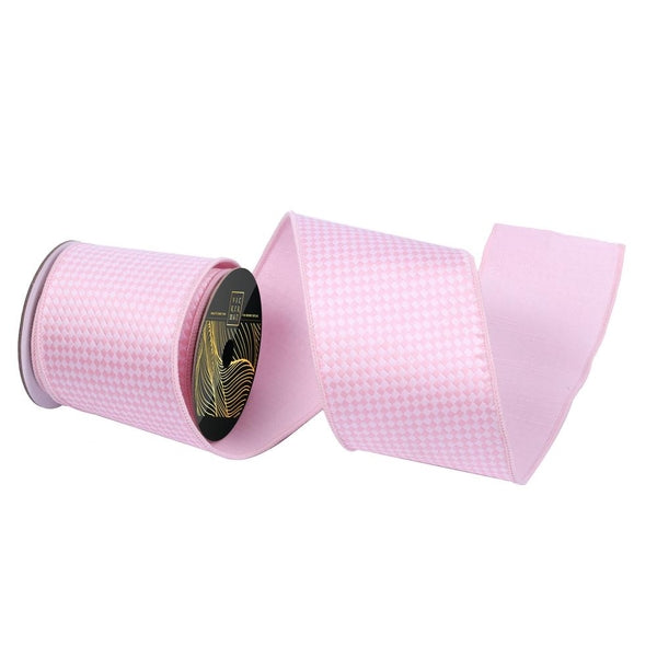 4" x 10Yd Pink / White Diagonal Checkerboard Pink Dupion Back Christmas Ribbon 1