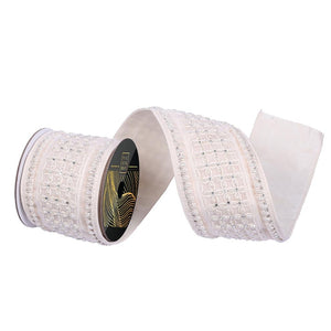 4" x 5yd Ivory Velvet Drop Pearl Jewel Decorative Ribbon 1