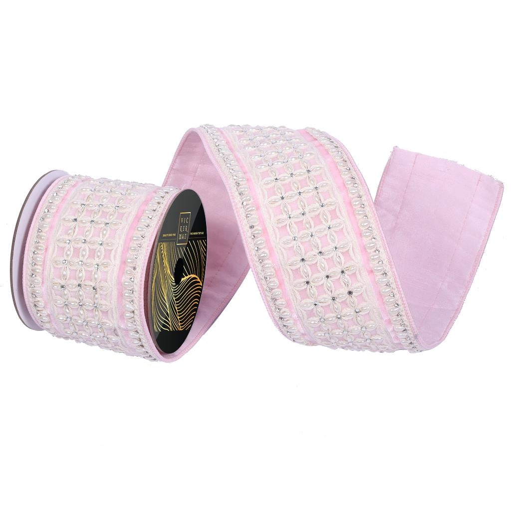 4" x 5yd Pink Velvet Drop Pearl Jewel Decorative Ribbon 1