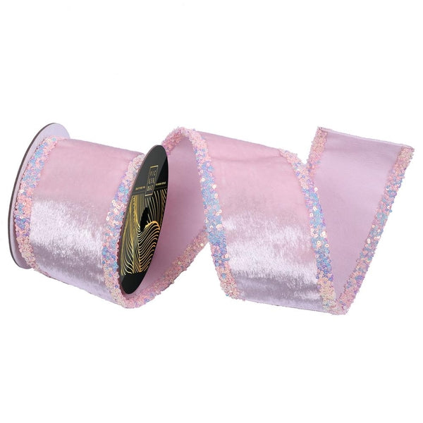 4"x5yd Baby Pink Velvet Jewel Sequin Pearl Trim Christmas Ribbon 1