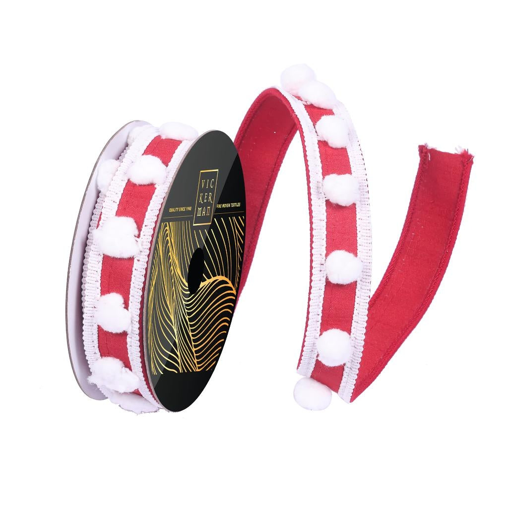1" x 10yd Red Dupion White Pom Pom/Trim Christmas Ribbon 1