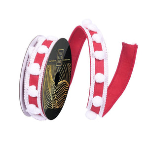 1" x 10yd Red Dupion White Pom Pom/Trim Christmas Ribbon 1