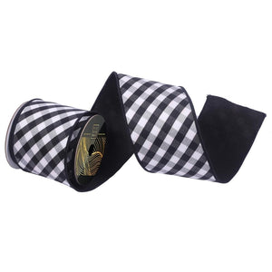 4" x 10Yd Black / White Diagonal Buffalo Plaid Black Dupion Back Christmas Ribbon 1